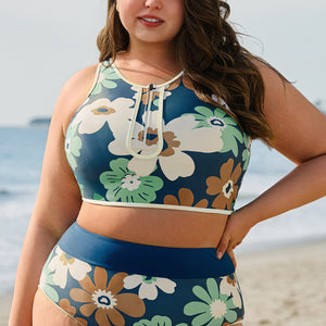 Green Floral Printed Zipped Plus Size Two Pieces Bikini